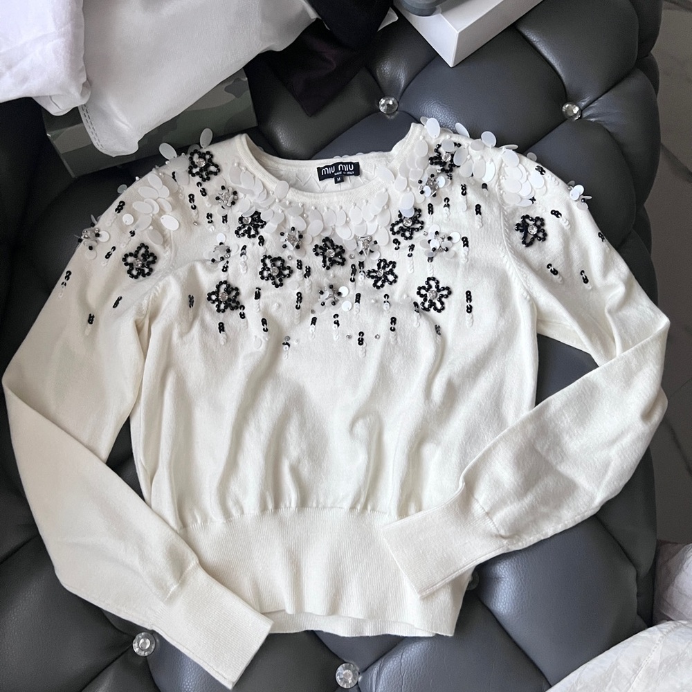 Miu Miu Cream Crewneck Sweater with Black Sequin Floral Embellishment